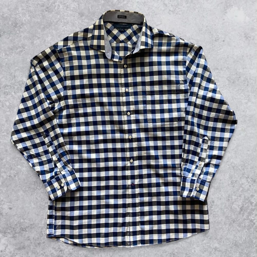 Tommy Hilfiger Men's Plaid Button Up Shirt Blue White Navy 15 32-33 Regular Fit